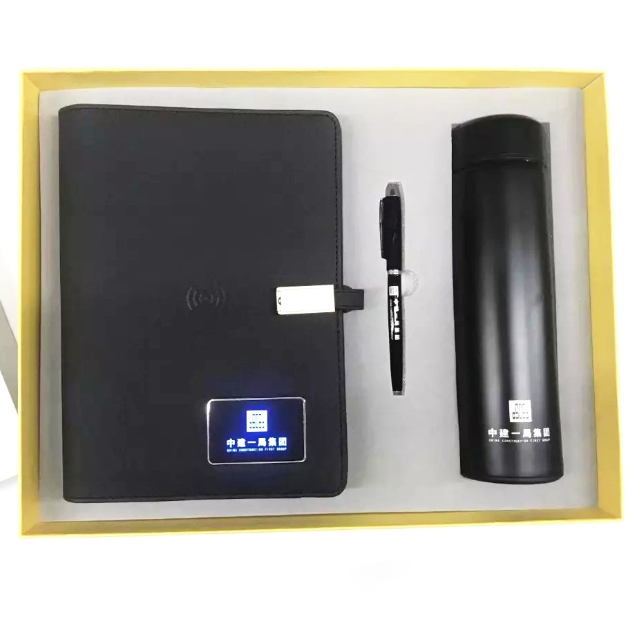 8000mAh Light Up Logo Power Bank Notebook and Stainless Steel Bottle Gift Set