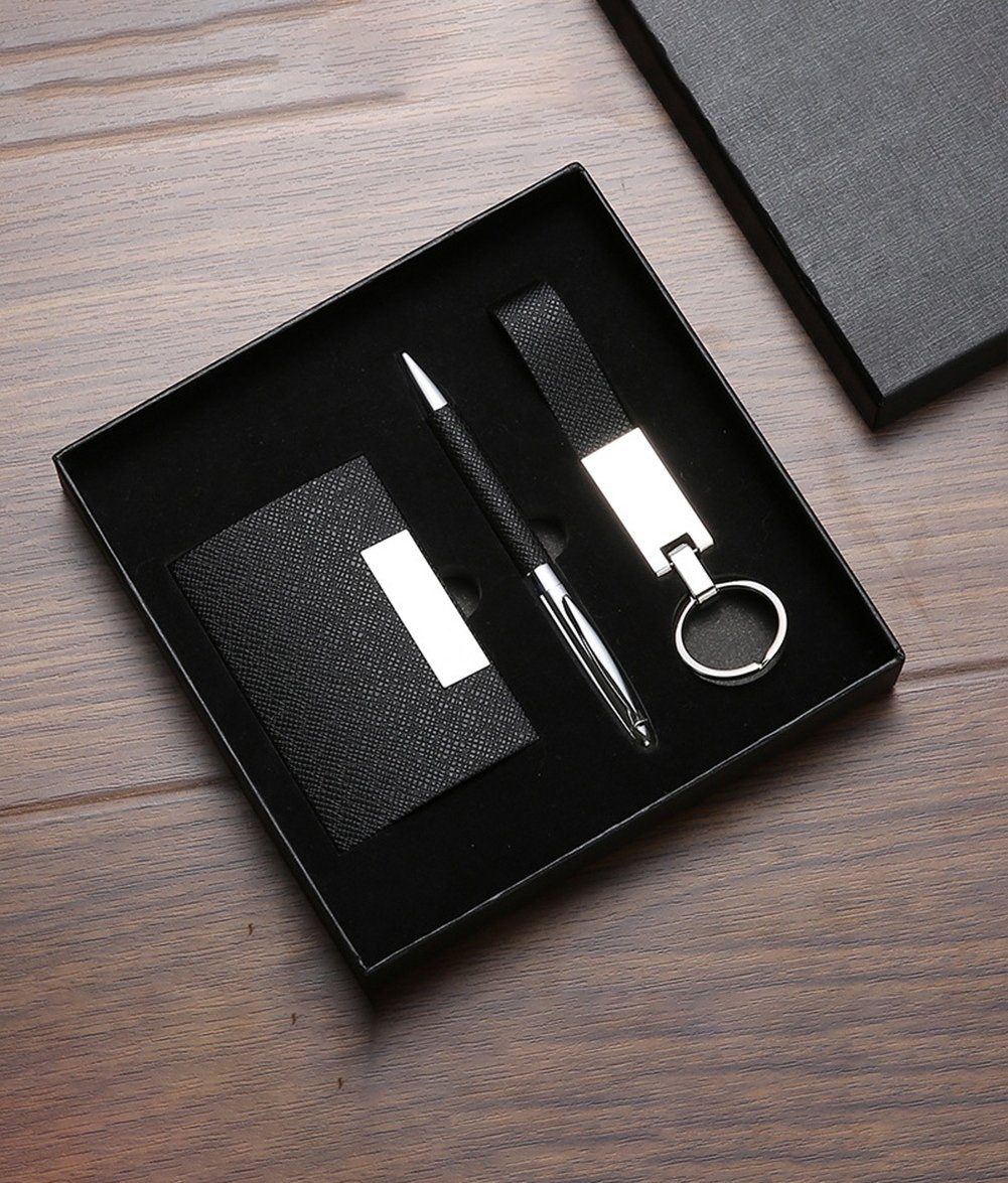 PU + metal card holder, PU pen and PU + metal keychain gift set
