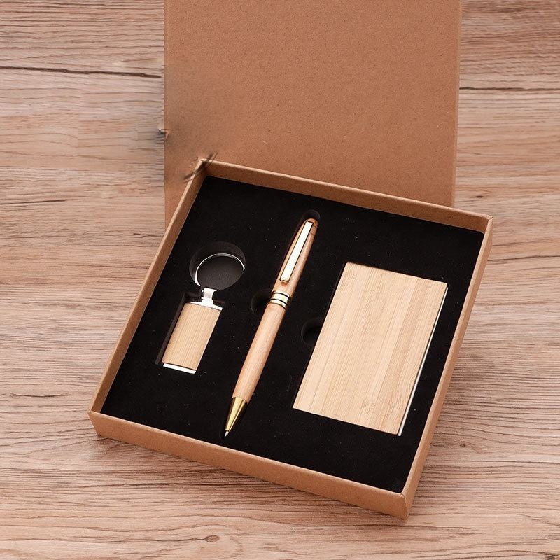 Bamboo keychain, Bamboo pen and Bamboo cardholder gift set