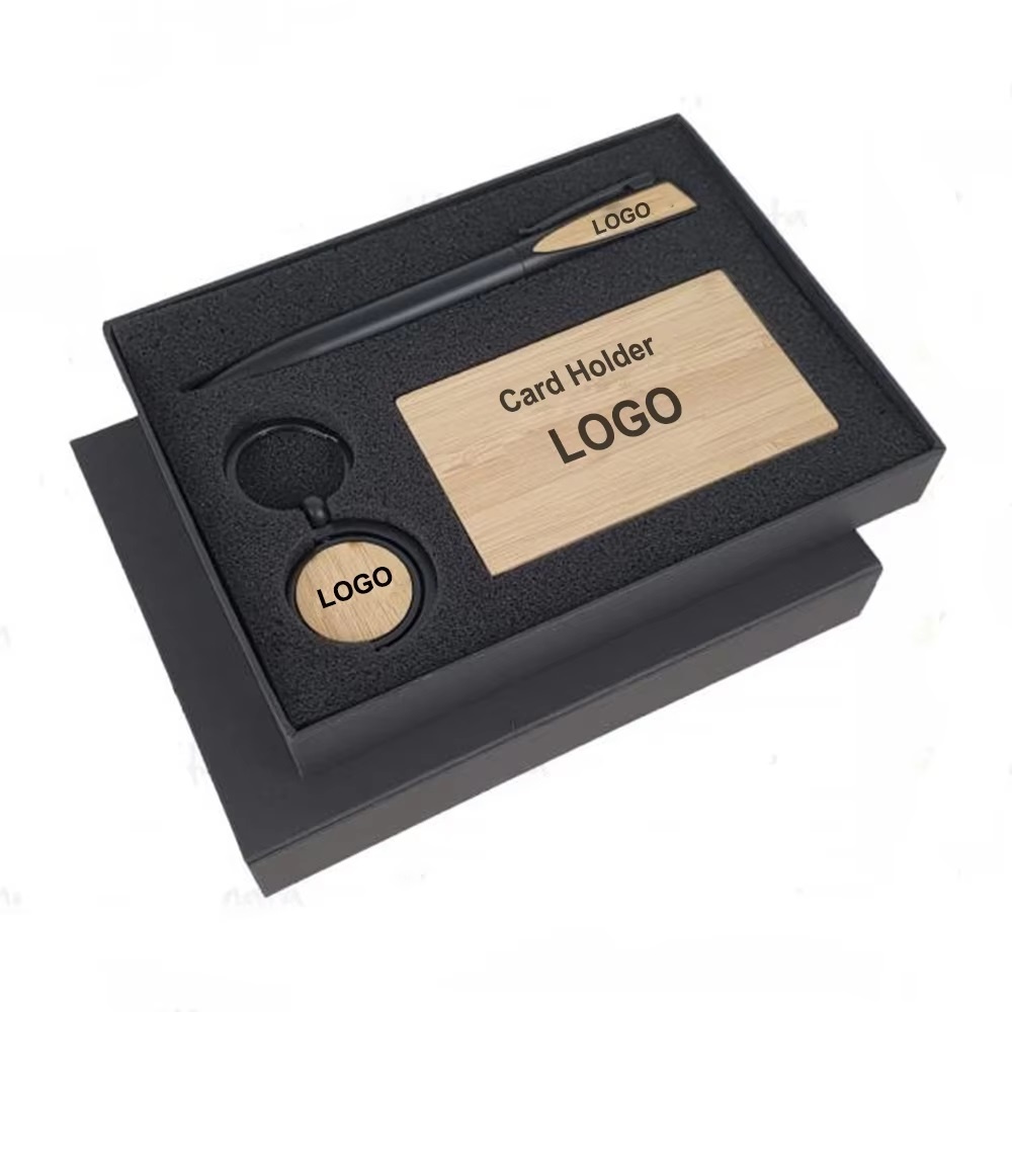 Bambook keychain, Bamboo pen and Bamboo cardholder gift set